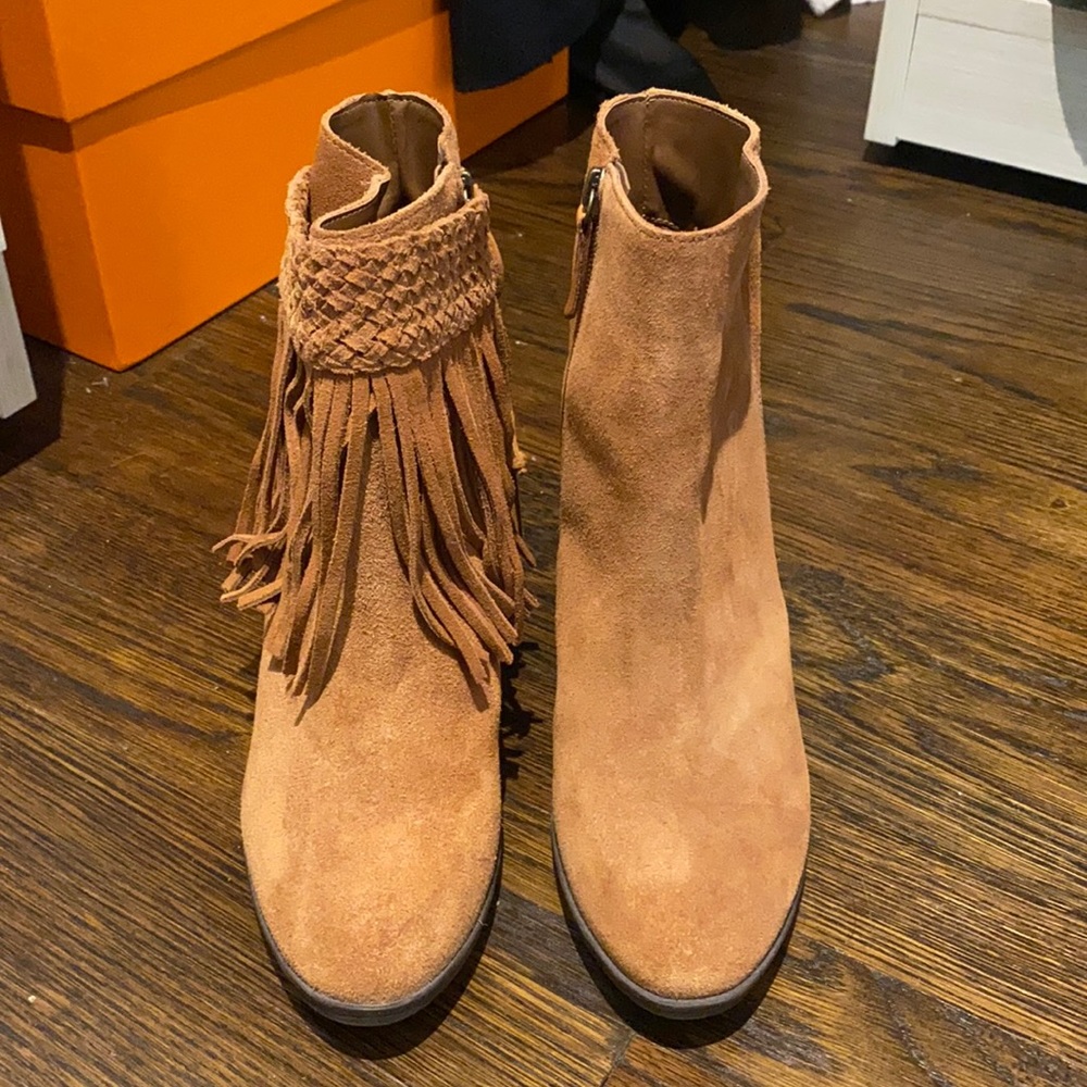 Schutz tan booties with removable tassel cuff